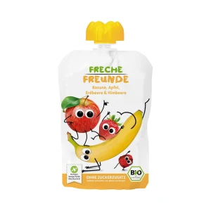 MUS BANAN - JABŁKO - TRUSKAWKA - MALINA BEZ DODATKU CUKRÓW BEZGLUTENOWY OD 6 MIESIĄCA BIO 100 g - FRECHE FREUNDE